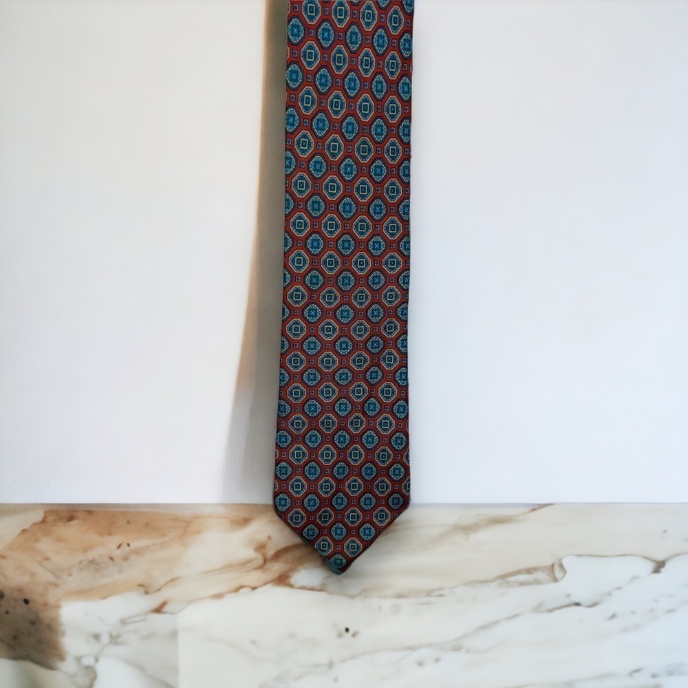 Vintage Allen Lolly Silk Red Geometric Print Classic Tie Academia